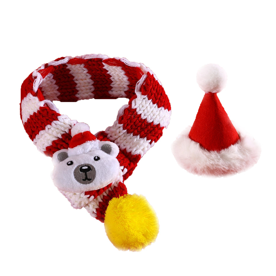 Aiitle Cute Bear Pet Christmas Striped Scarf Hat Set