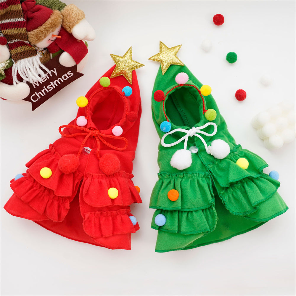 Aiitle Cute Pet Christmas Cloak with Star and Pompoms Red