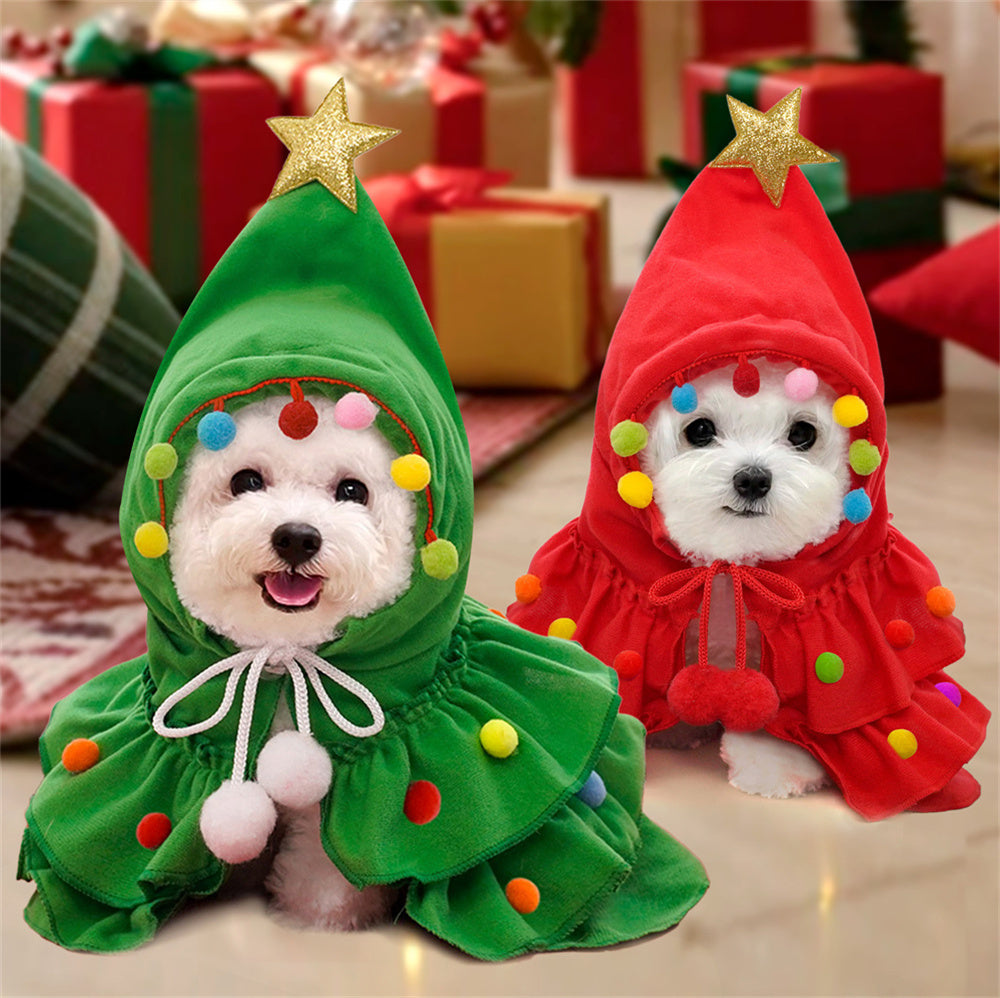 Aiitle Cute Pet Christmas Cloak with Star and Pompoms Red