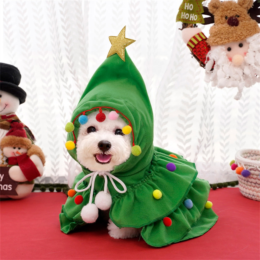 Aiitle Cute Pet Christmas Cloak with Star and Pompoms Red