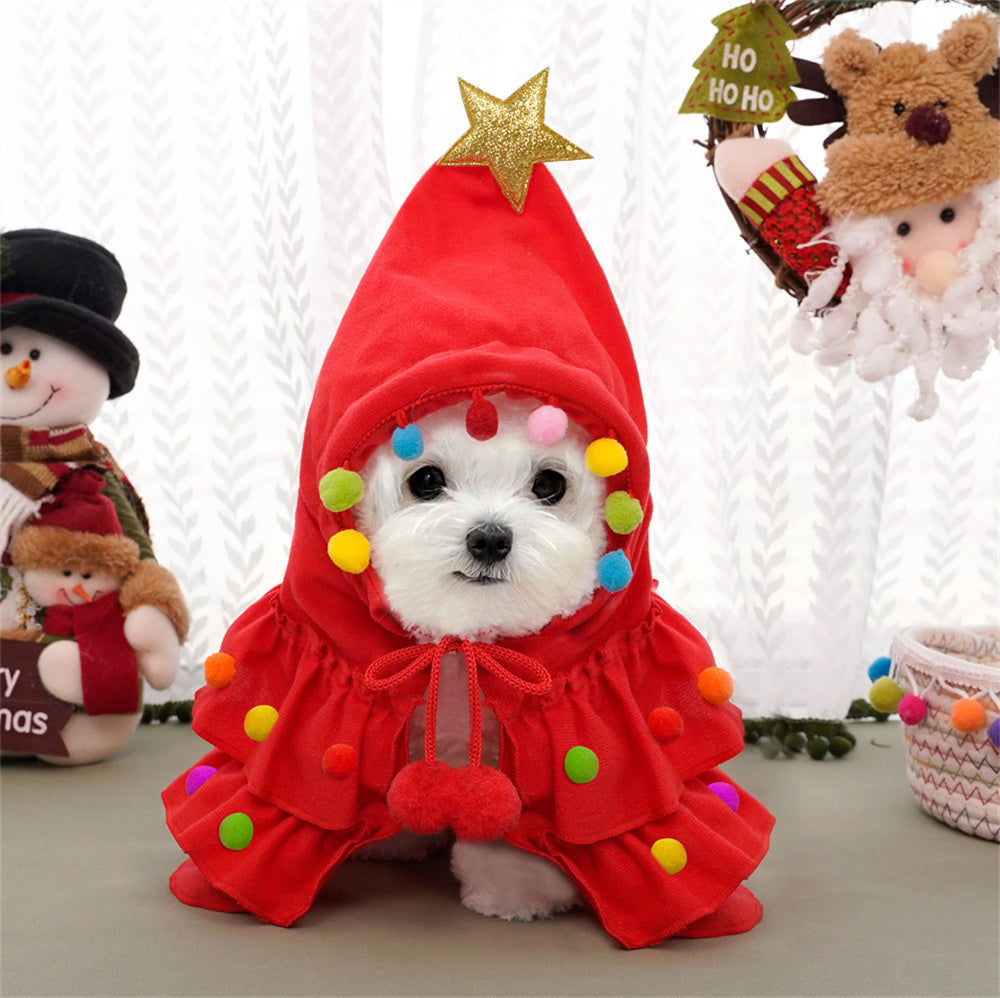 Aiitle Cute Pet Christmas Cloak with Star and Pompoms Red