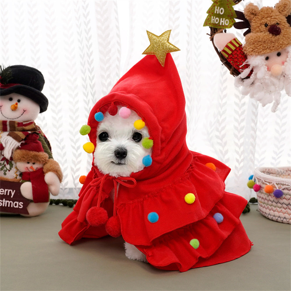 Aiitle Cute Pet Christmas Cloak with Star and Pompoms Red