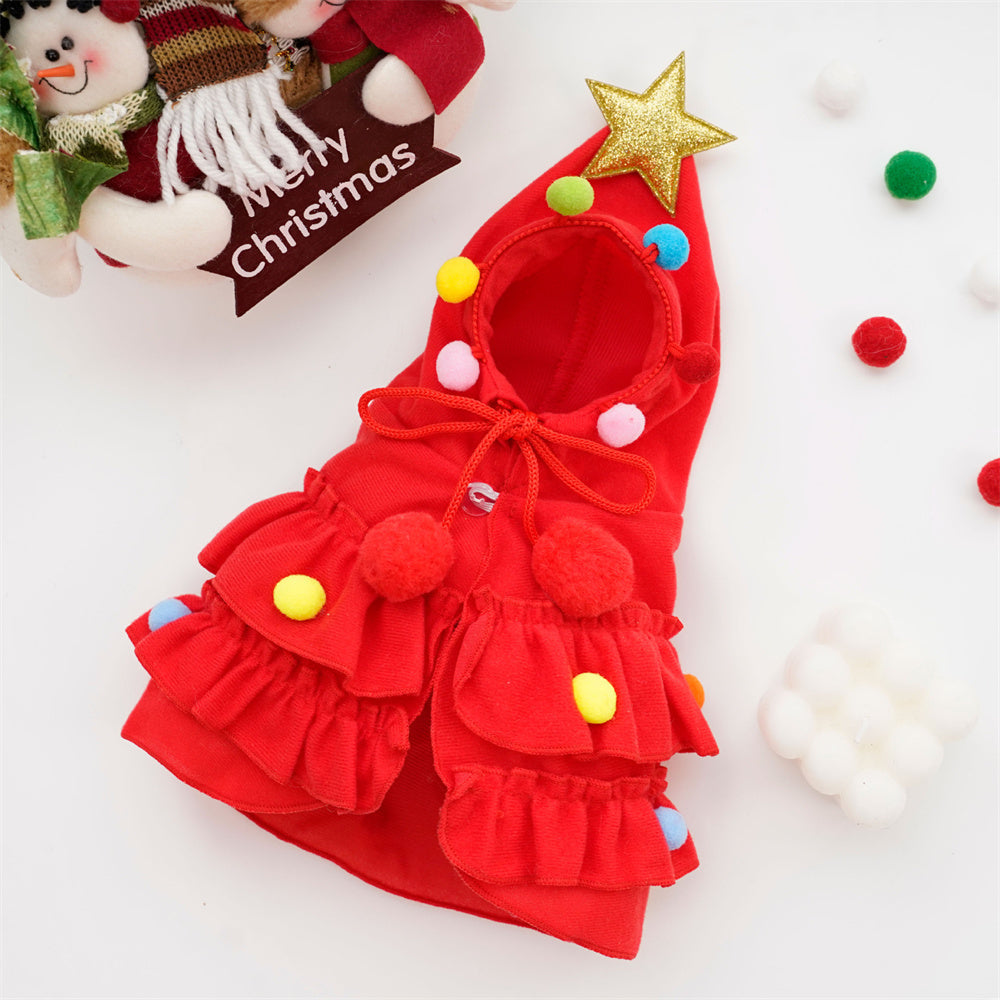 Aiitle Cute Pet Christmas Cloak with Star and Pompoms Red