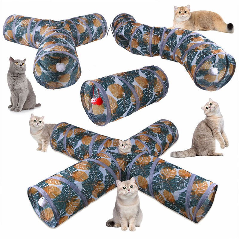 Aiitle Printed Leaves Foldable Cat Tunnel