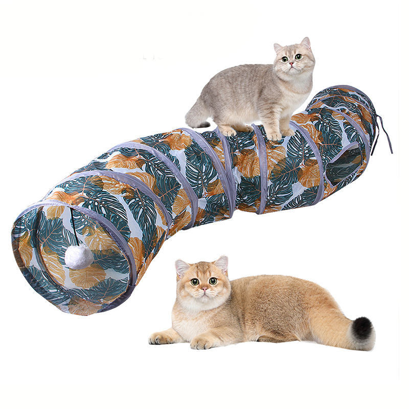 Aiitle Printed Leaves Foldable Cat Tunnel